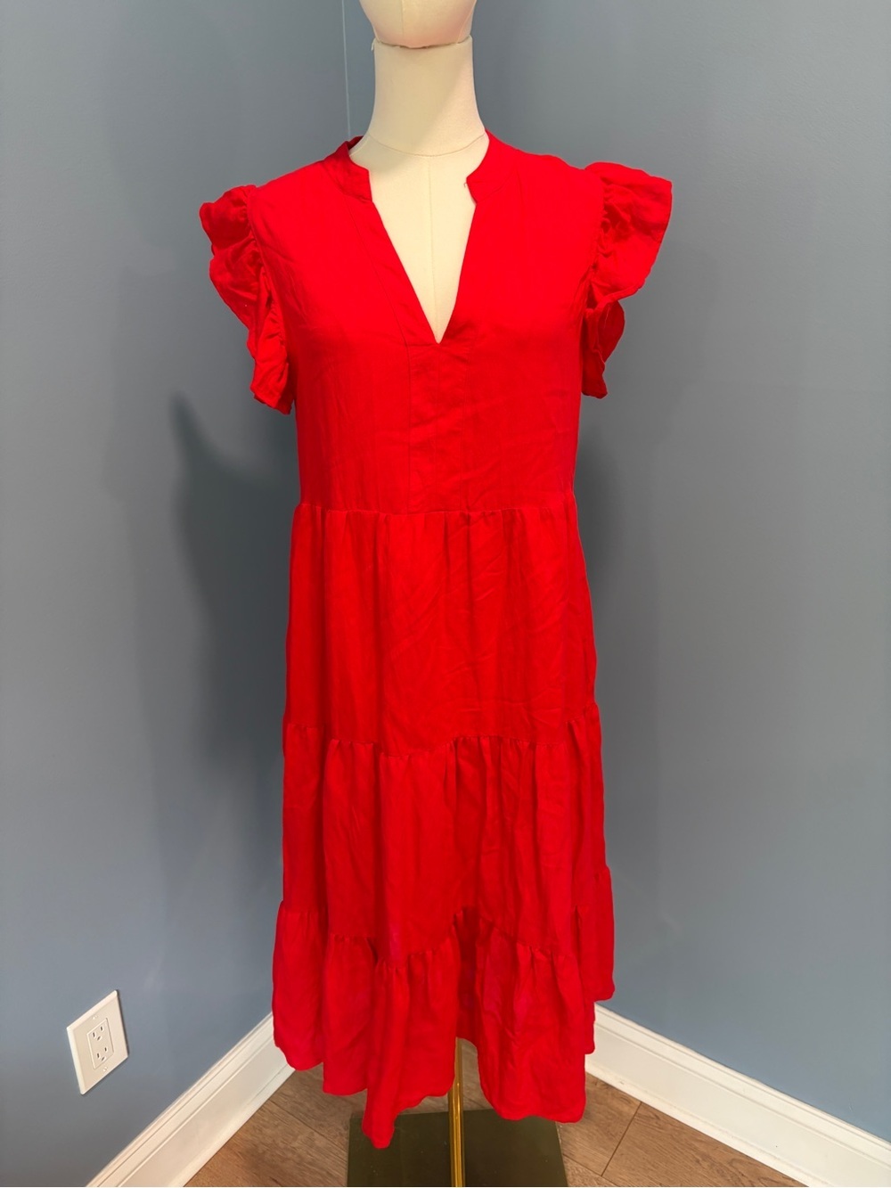 Aura Red Ruffle Sleeve Tiered Midi Dress Boho Cottagecore Small
